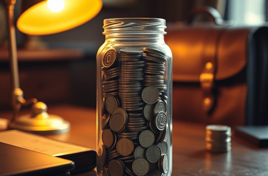 Grand bocal débordant de pièces d or et d argent sur un bureau de banquier en acajou