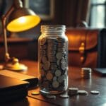 Grand bocal débordant de pièces d or et d argent sur un bureau de banquier en acajou