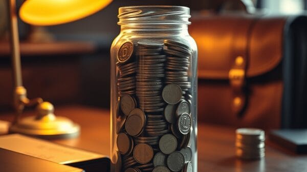 Grand bocal débordant de pièces d or et d argent sur un bureau de banquier en acajou