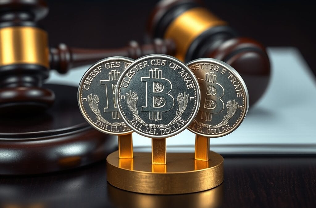 Trois pieces d argent identiques debout dans un support en laiton avec marteau de juge