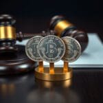 Trois pieces d argent identiques debout dans un support en laiton avec marteau de juge