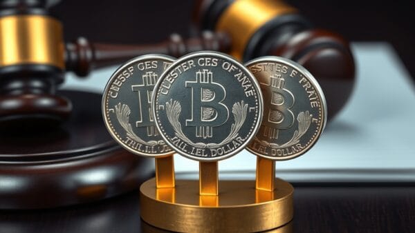 Trois pieces d argent identiques debout dans un support en laiton avec marteau de juge