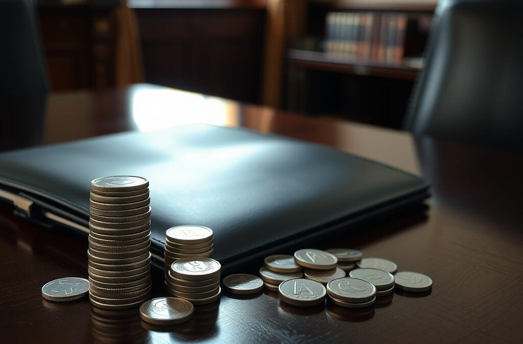 Pile de pièces argentées et portefeuille en cuir sur un bureau gouvernemental
