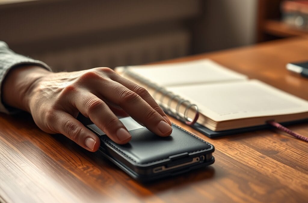 Main utilisant un hardware wallet sur un bureau en bois, éclairage naturel chaud.