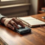 Main utilisant un hardware wallet sur un bureau en bois, éclairage naturel chaud.