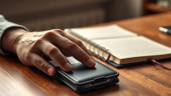 Main utilisant un hardware wallet sur un bureau en bois, éclairage naturel chaud.