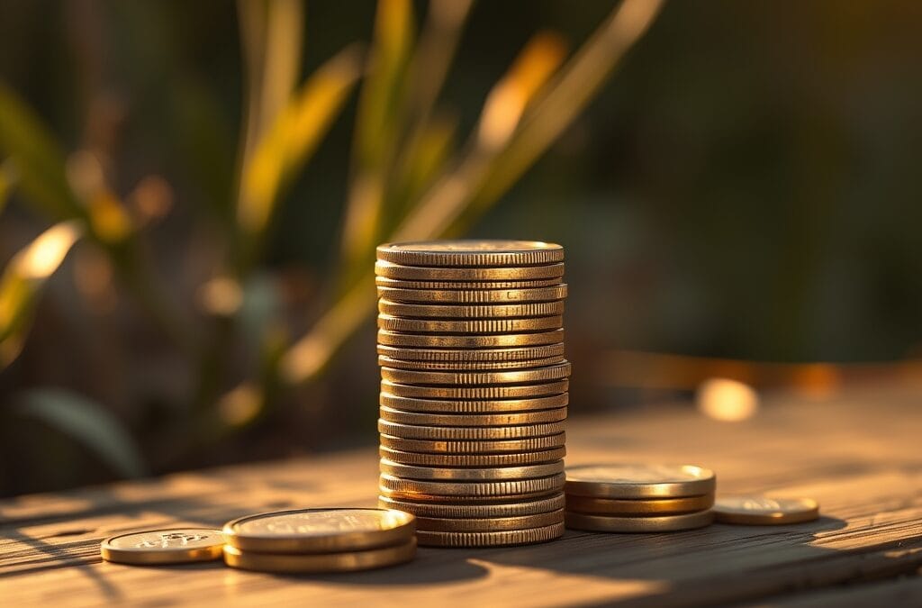Empilement de pièces sur une surface en bois avec lumière naturelle