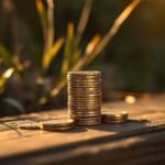 Empilement de pièces sur une surface en bois avec lumière naturelle