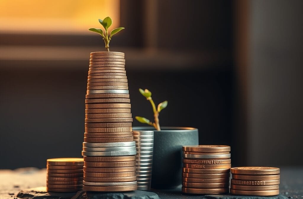 Tours de pieces en cuivre et argent empilees sur pierre sombre avec une petite plante