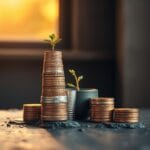 Tours de pieces en cuivre et argent empilees sur pierre sombre avec une petite plante