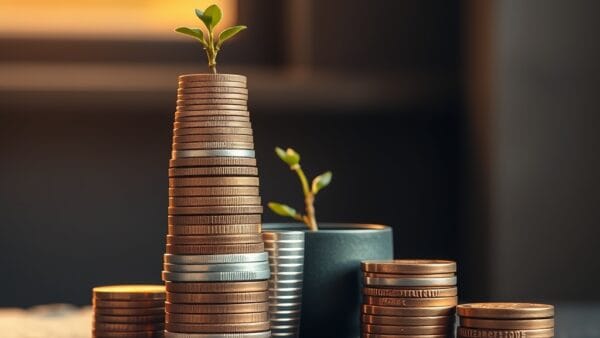 Tours de pieces en cuivre et argent empilees sur pierre sombre avec une petite plante