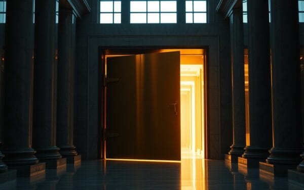 Porte de coffre en bronze entrouverte dans un hall à colonnes de marbre