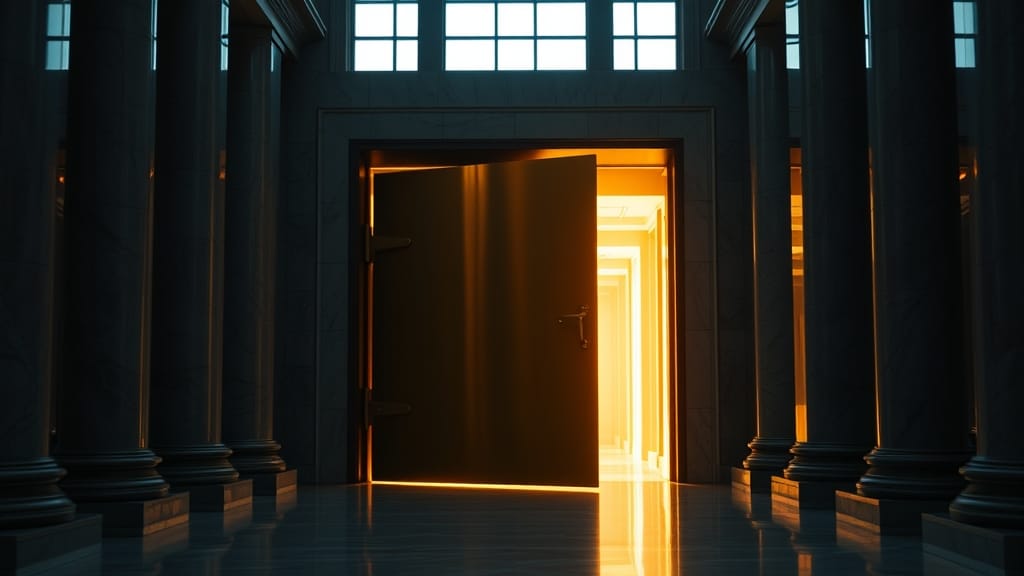 Porte de coffre en bronze entrouverte dans un hall à colonnes de marbre