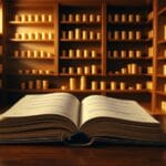 Coffre d'entreprise avec rangées de pièces d'or sur étagères en noyer et registre ouvert sur bureau en acajou