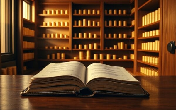 Coffre d'entreprise avec rangées de pièces d'or sur étagères en noyer et registre ouvert sur bureau en acajou