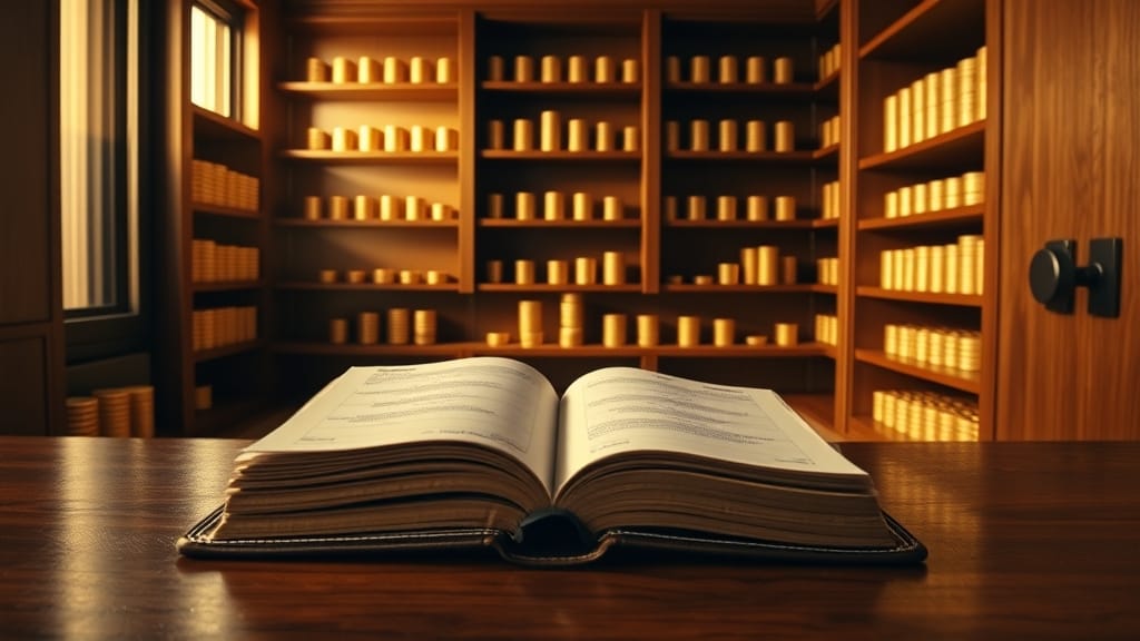 Coffre d'entreprise avec rangées de pièces d'or sur étagères en noyer et registre ouvert sur bureau en acajou