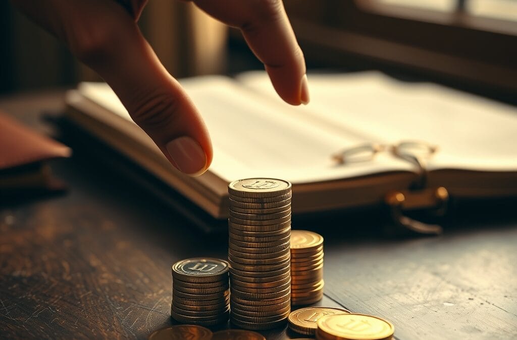 Main plaçant une pièce dorée sur une pile de pièces sur un bureau en chêne
