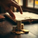 Main plaçant une pièce dorée sur une pile de pièces sur un bureau en chêne