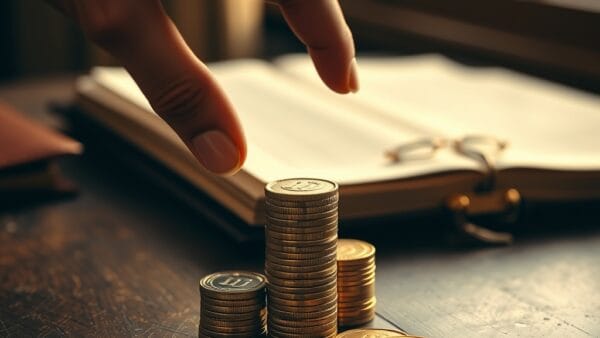 Main plaçant une pièce dorée sur une pile de pièces sur un bureau en chêne