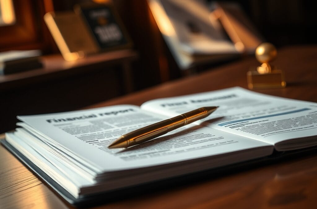 Rapport financier ouvert sur un bureau en acajou avec un lingot doré