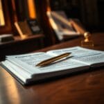 Rapport financier ouvert sur un bureau en acajou avec un lingot doré