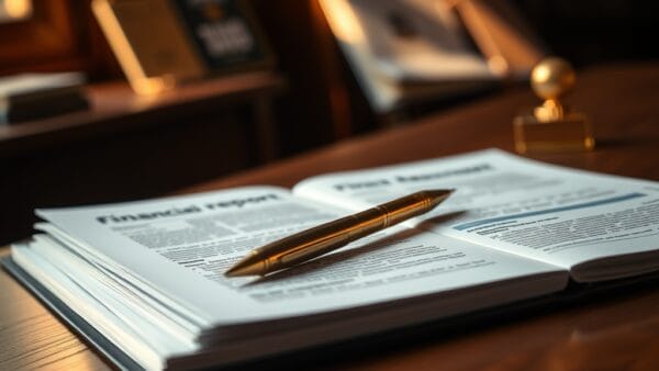 Rapport financier ouvert sur un bureau en acajou avec un lingot doré