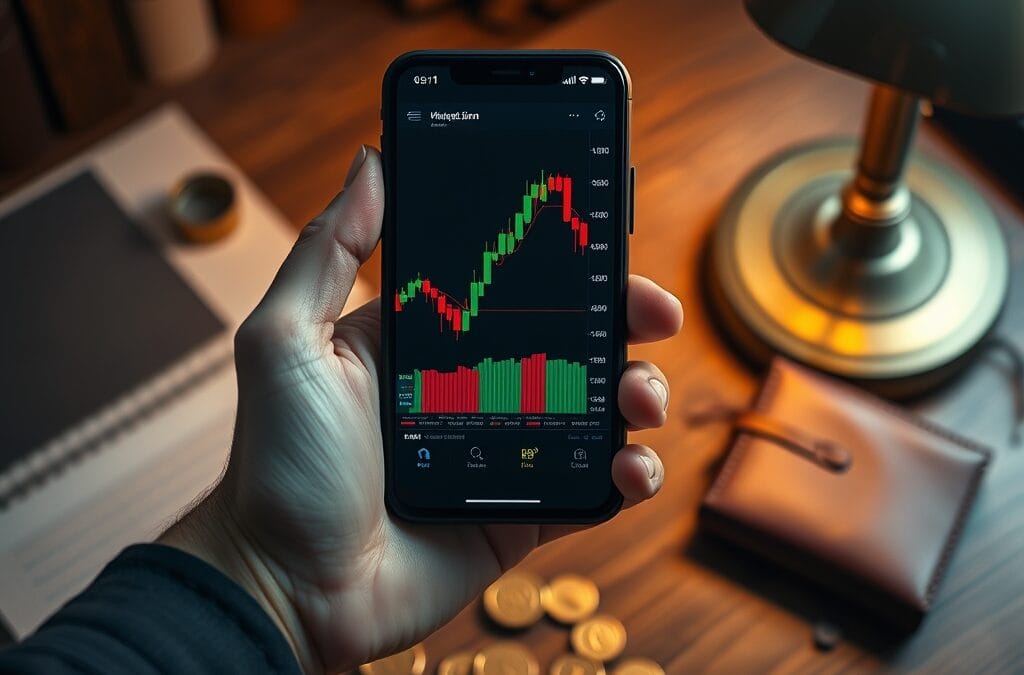 Main tenant un smartphone avec interface de trading au-dessus d un bureau en bois