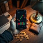 Main tenant un smartphone avec interface de trading au-dessus d un bureau en bois