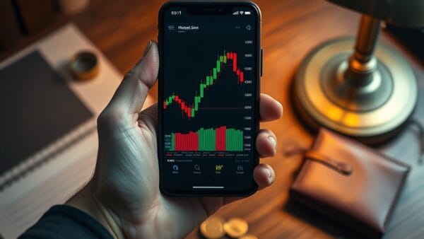 Main tenant un smartphone avec interface de trading au-dessus d un bureau en bois