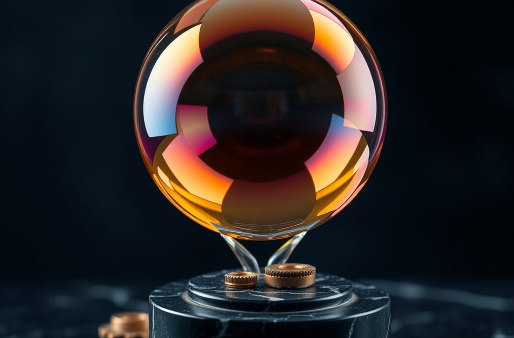 Bulle de savon geante reflétant des couleurs ambre et marine au-dessus d un piedestal