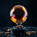 Bulle de savon geante reflétant des couleurs ambre et marine au-dessus d un piedestal