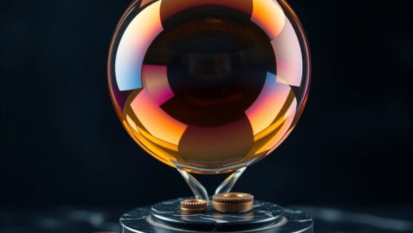 Bulle de savon geante reflétant des couleurs ambre et marine au-dessus d un piedestal