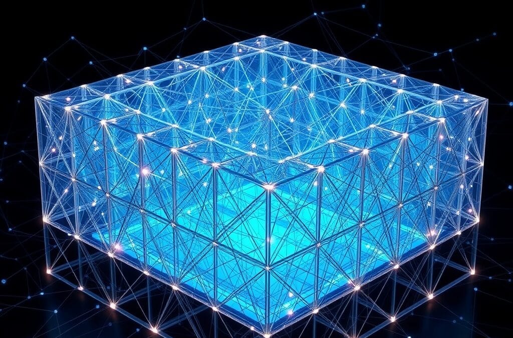 Représentation abstraite de la cryptographie post-quantique : structure cristalline en treillis symbolisant la résistance quantique