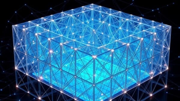 Représentation abstraite de la cryptographie post-quantique : structure cristalline en treillis symbolisant la résistance quantique