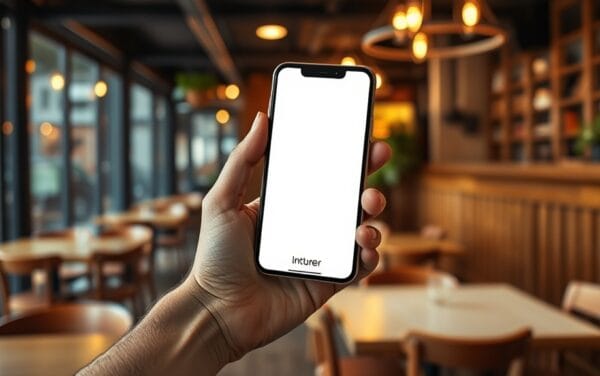 Smartphone moderne tenu en main dans l'ambiance feutrée d'un café