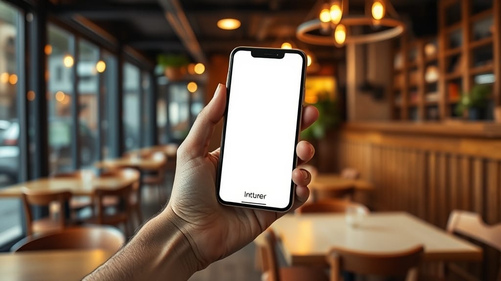 Smartphone moderne tenu en main dans l'ambiance feutrée d'un café