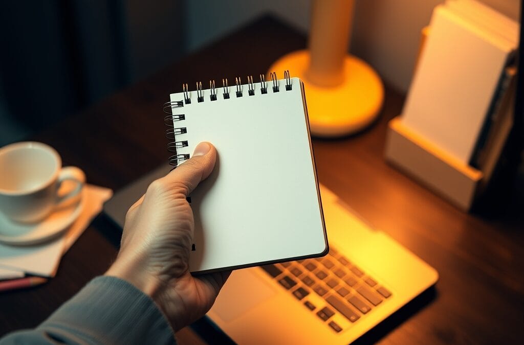 Main tenant un petit carnet à spirale ouvert sur une page vierge près d un ordinateur portable
