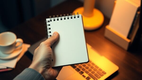 Main tenant un petit carnet à spirale ouvert sur une page vierge près d un ordinateur portable