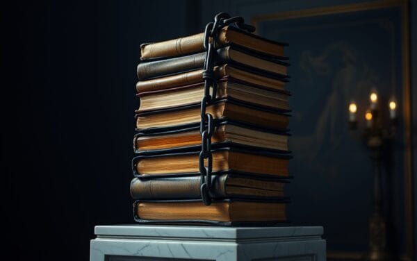 Pile instable de registres financiers en cuir sur socle en marbre entourée d'une chaîne en fer