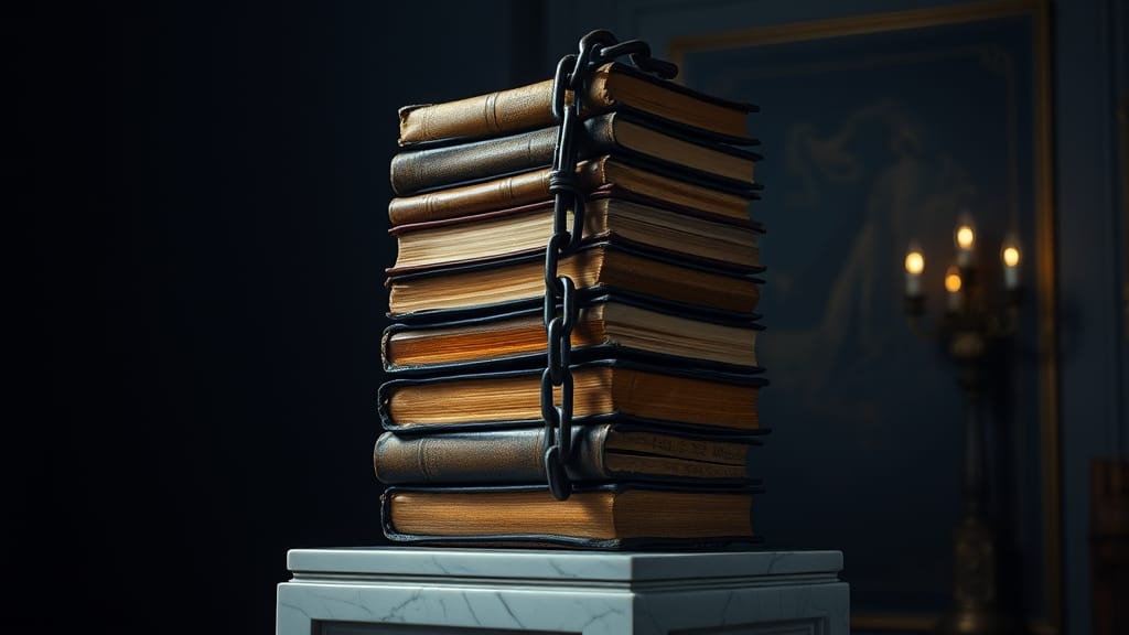 Pile instable de registres financiers en cuir sur socle en marbre entourée d'une chaîne en fer