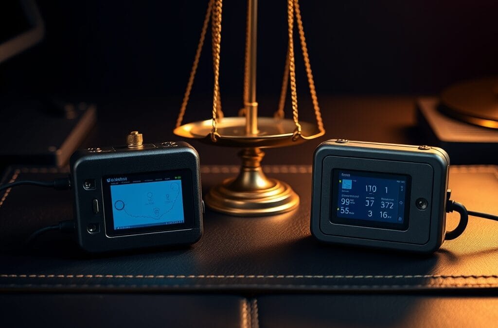 Deux appareils de securite sur un sous-main en cuir avec une balance en laiton au centre