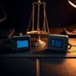 Deux appareils de securite sur un sous-main en cuir avec une balance en laiton au centre