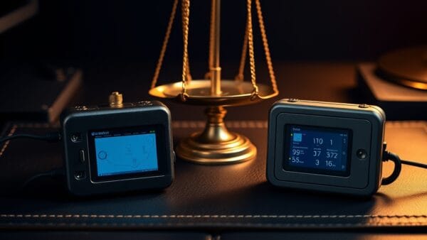 Deux appareils de securite sur un sous-main en cuir avec une balance en laiton au centre