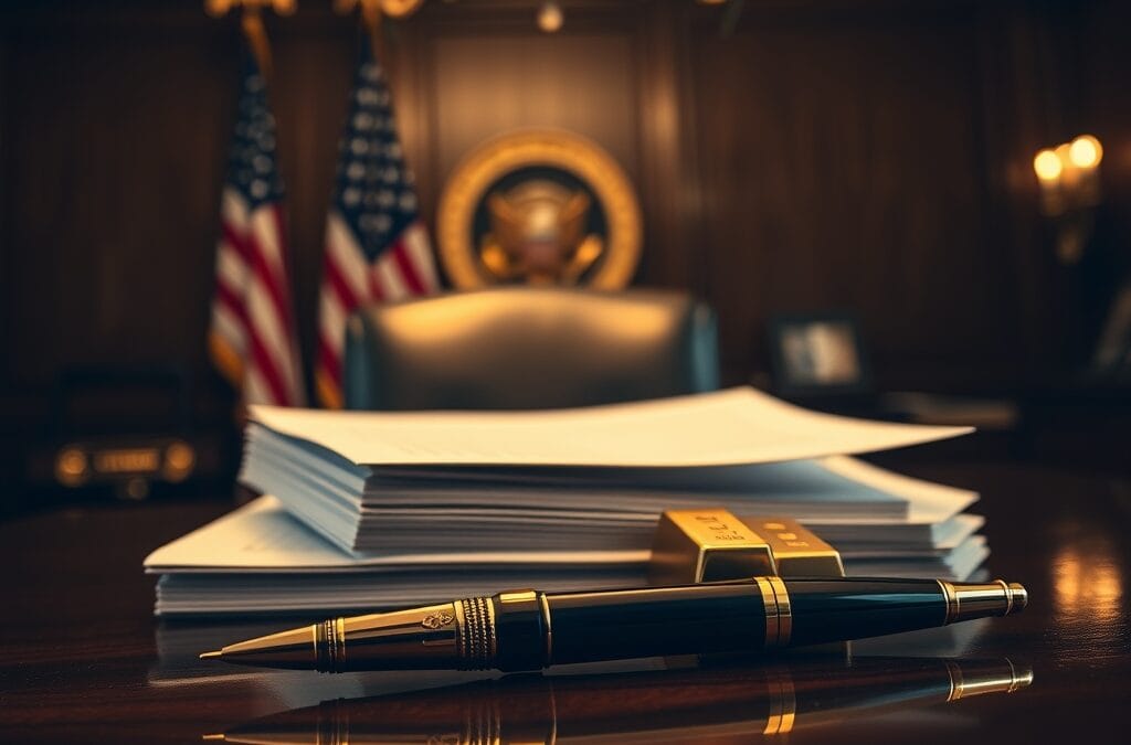 Stylo présidentiel à côté de décrets exécutifs et lingots d or sur bureau en cerisier