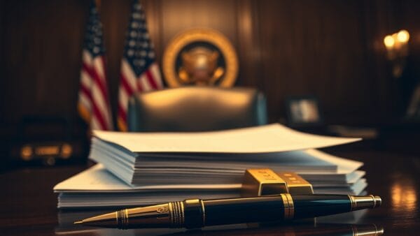 Stylo présidentiel à côté de décrets exécutifs et lingots d or sur bureau en cerisier