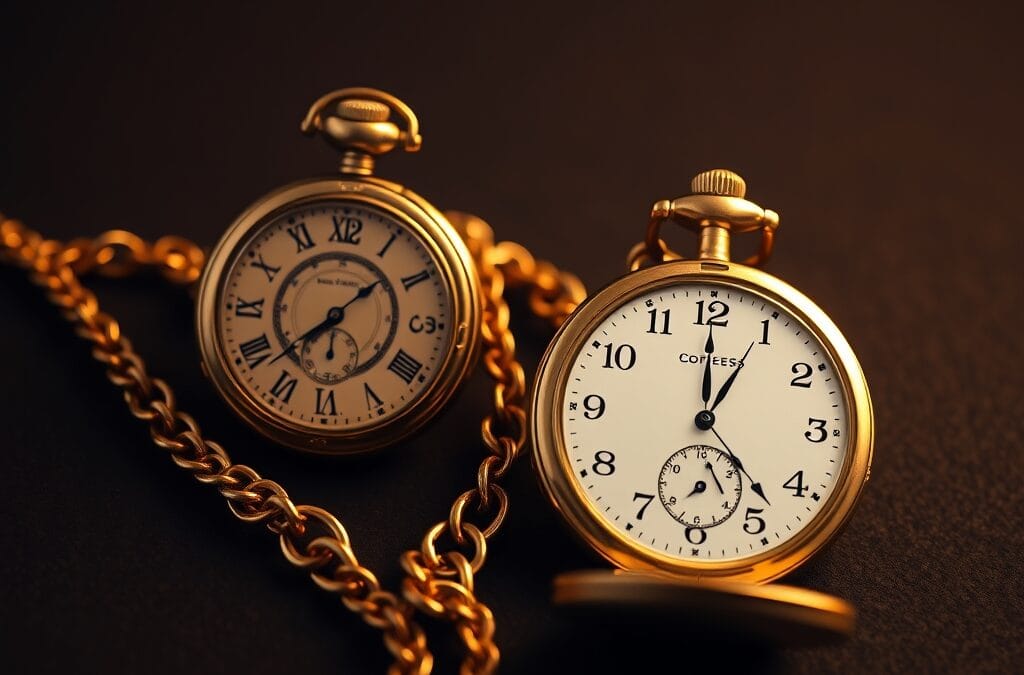 Deux montres de poche en laiton de styles différents reliées par des chaînes colorées