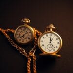 Deux montres de poche en laiton de styles différents reliées par des chaînes colorées