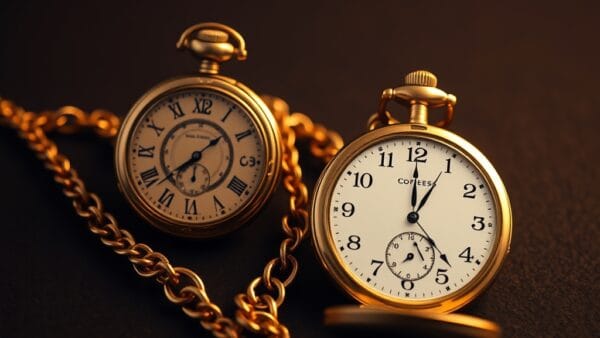 Deux montres de poche en laiton de styles différents reliées par des chaînes colorées