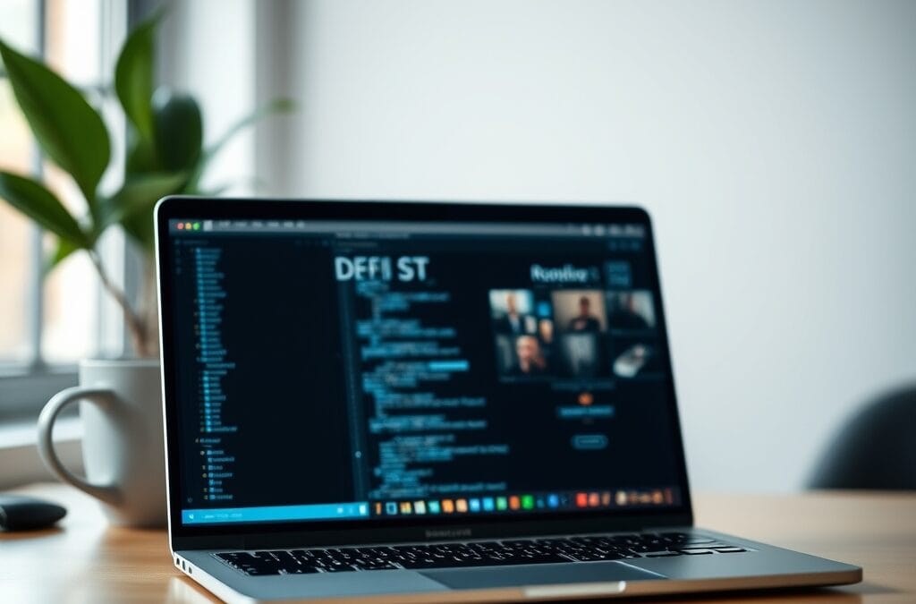 Ordinateur portable affichant une interface DeFi floue sur un bureau