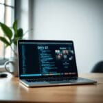 Ordinateur portable affichant une interface DeFi floue sur un bureau